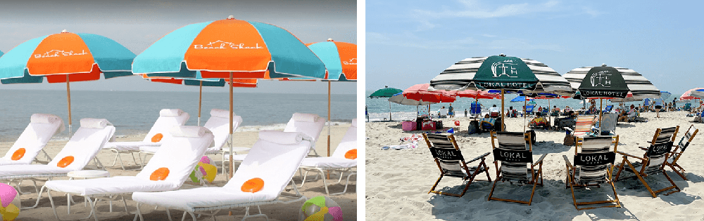 Beach and patio umbrellas featuring alternating color panels and custom branding, designed to enhance visual impact in commercial outdoor spaces.